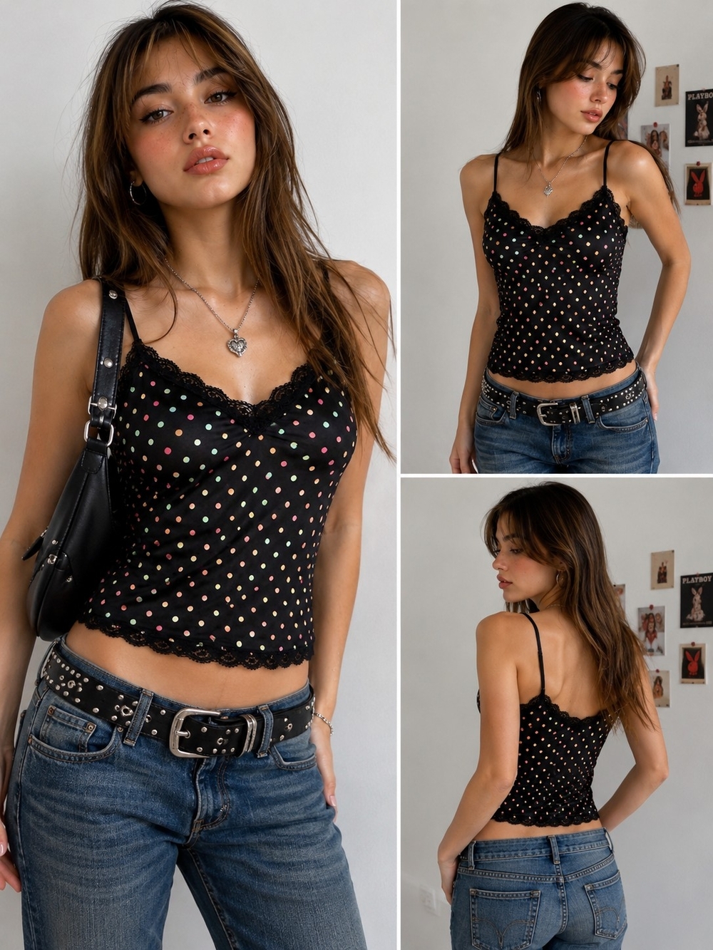 Y2K Twenty One Black Satin Polka Dot Camisole Black Polka Dot Lace-Trim Cami